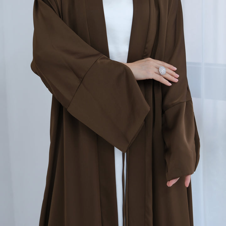 Get trendy with Lavinia Satin Open Abaya - Chocolate - Cardigan available at Voilee NY. Grab yours for $62.90 today!