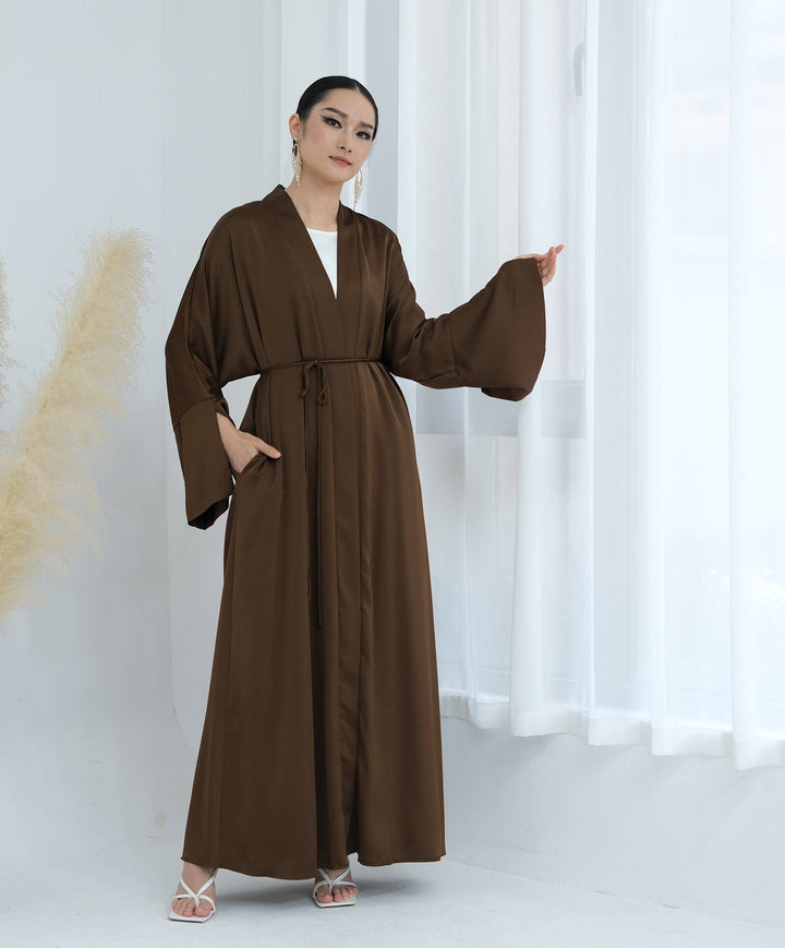 Get trendy with Lavinia Satin Open Abaya - Chocolate - Cardigan available at Voilee NY. Grab yours for $62.90 today!