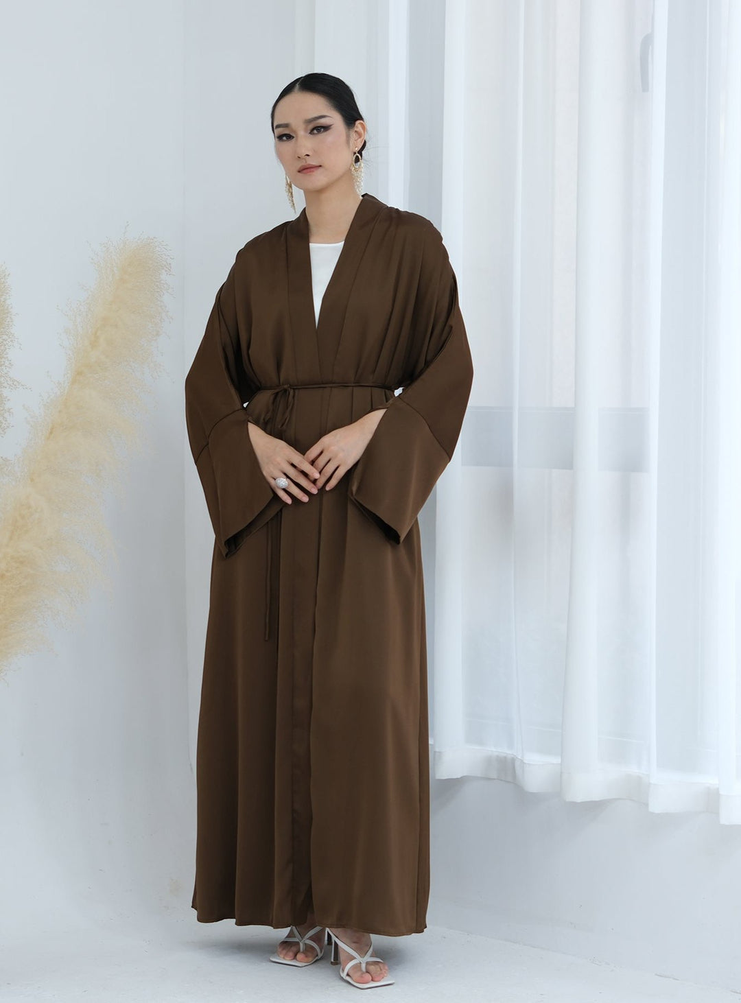 Get trendy with Lavinia Satin Open Abaya - Chocolate - Cardigan available at Voilee NY. Grab yours for $62.90 today!