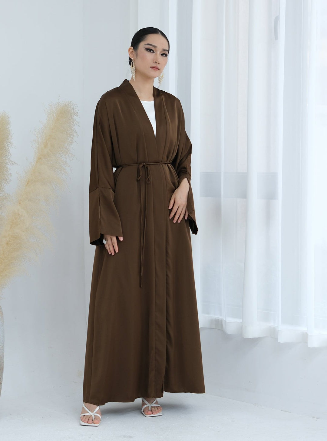 Get trendy with Lavinia Satin Open Abaya - Chocolate - Cardigan available at Voilee NY. Grab yours for $62.90 today!