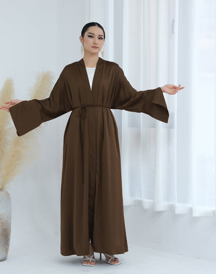 Get trendy with Lavinia Satin Open Abaya - Chocolate - Cardigan available at Voilee NY. Grab yours for $62.90 today!