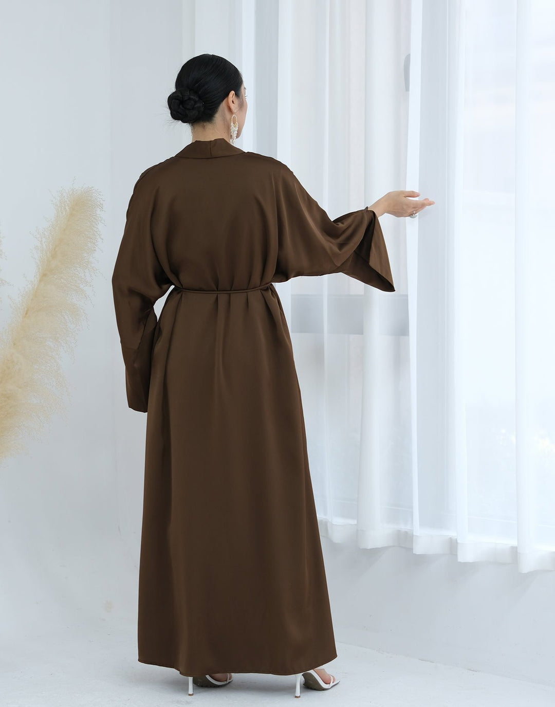 Get trendy with Lavinia Satin Open Abaya - Chocolate - Cardigan available at Voilee NY. Grab yours for $62.90 today!