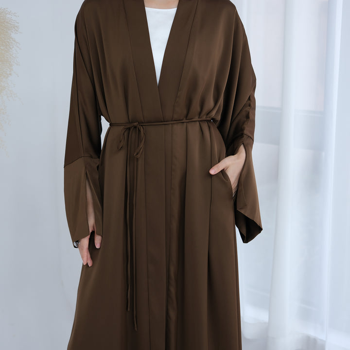 Get trendy with Lavinia Satin Open Abaya - Chocolate - Cardigan available at Voilee NY. Grab yours for $62.90 today!