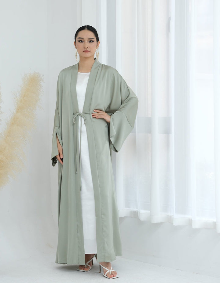 Get trendy with Lavinia Satin Open Abaya - Sage - Cardigan available at Voilee NY. Grab yours for $62.90 today!