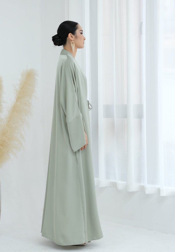 Get trendy with Lavinia Satin Open Abaya - Sage - Cardigan available at Voilee NY. Grab yours for $62.90 today!