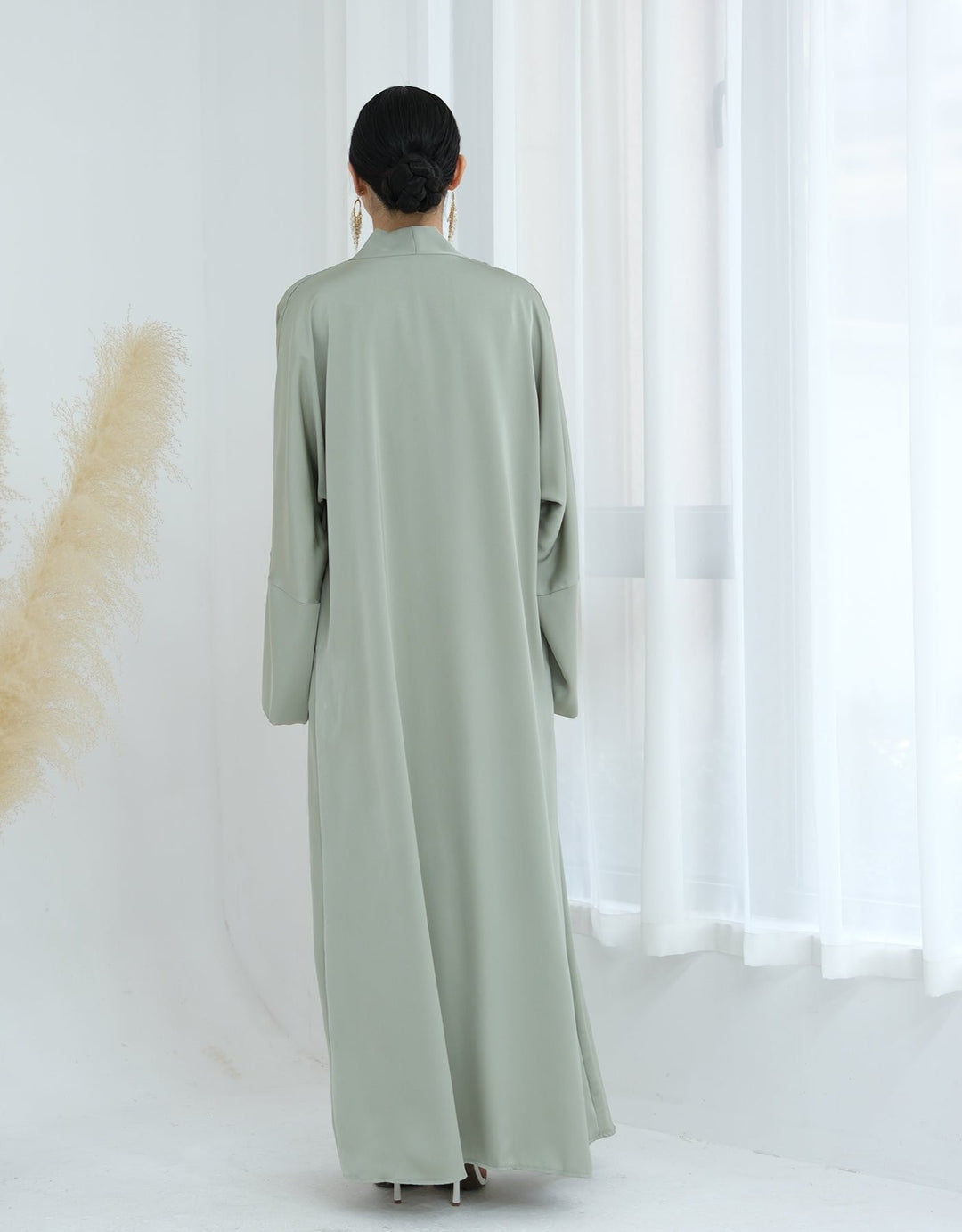 Get trendy with Lavinia Satin Open Abaya - Sage - Cardigan available at Voilee NY. Grab yours for $62.90 today!