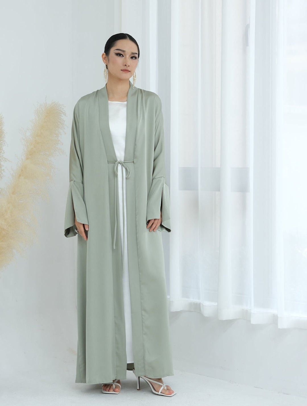 Get trendy with Lavinia Satin Open Abaya - Sage - Cardigan available at Voilee NY. Grab yours for $62.90 today!