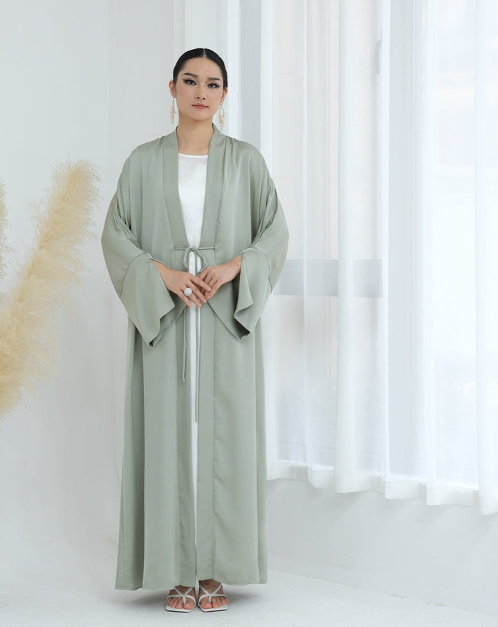 Get trendy with Lavinia Satin Open Abaya - Sage - Cardigan available at Voilee NY. Grab yours for $62.90 today!