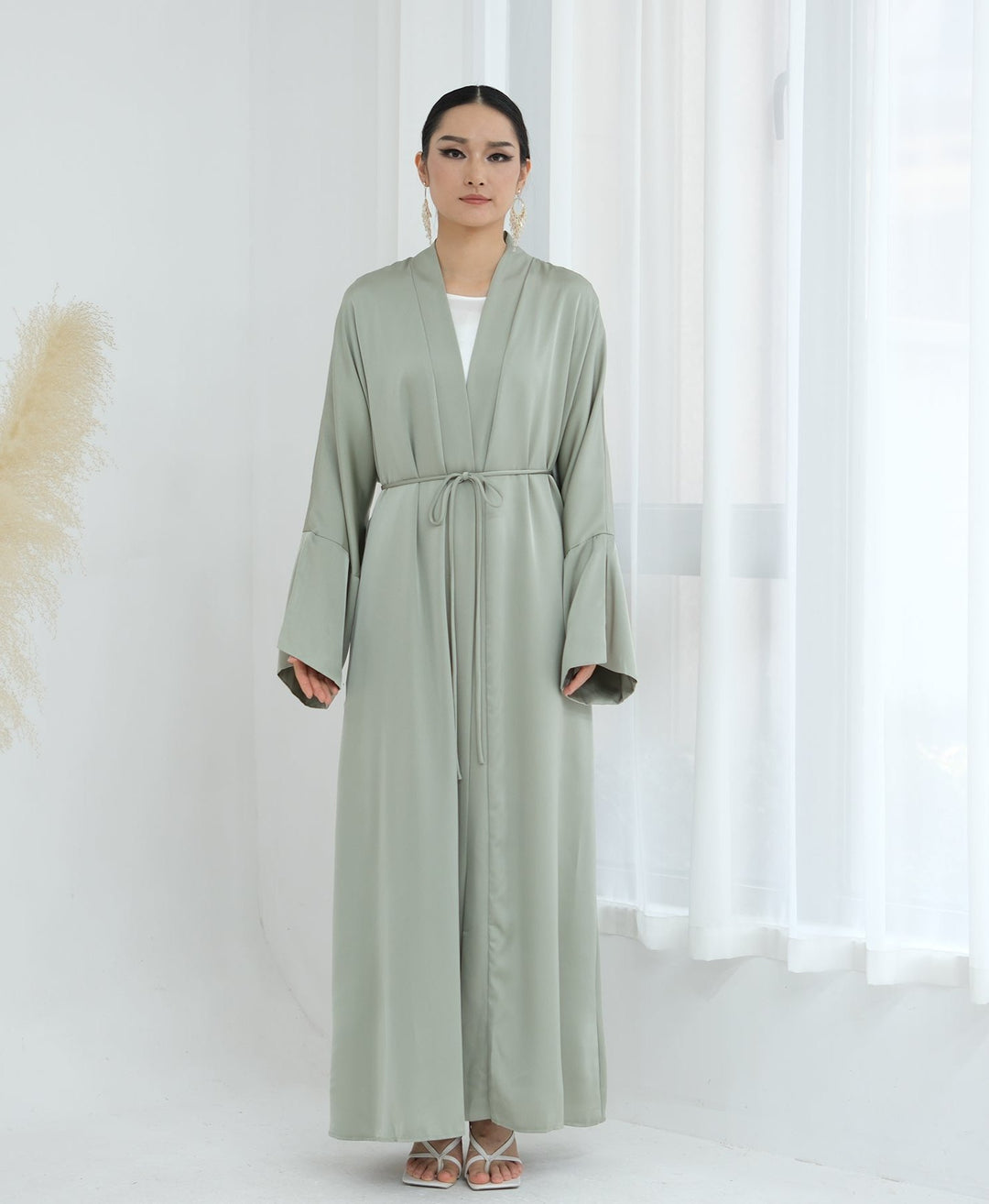 Get trendy with Lavinia Satin Open Abaya - Sage - Cardigan available at Voilee NY. Grab yours for $62.90 today!