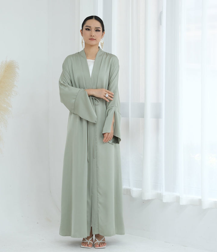 Get trendy with Lavinia Satin Open Abaya - Sage - Cardigan available at Voilee NY. Grab yours for $62.90 today!