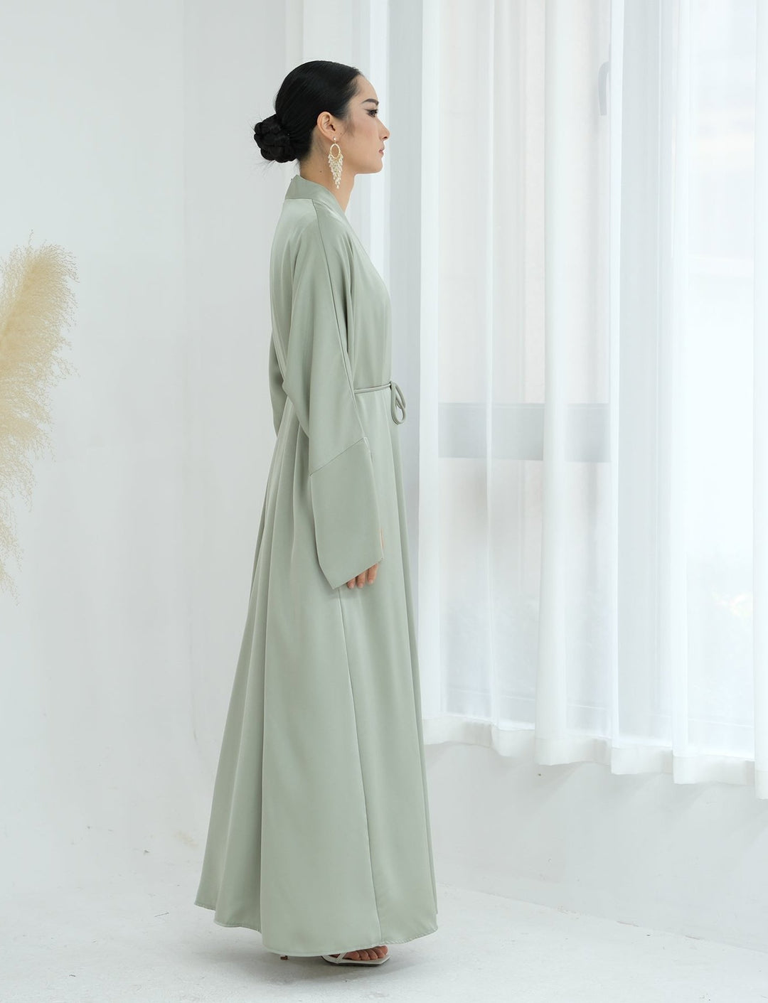 Get trendy with Lavinia Satin Open Abaya - Sage - Cardigan available at Voilee NY. Grab yours for $62.90 today!