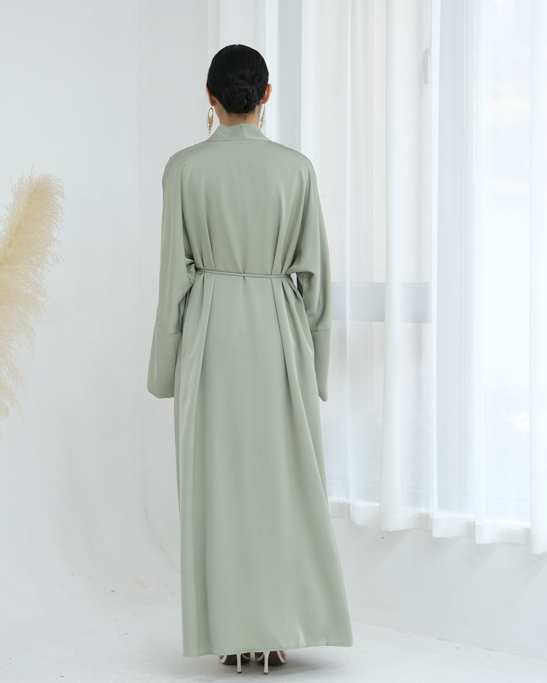 Get trendy with Lavinia Satin Open Abaya - Sage - Cardigan available at Voilee NY. Grab yours for $62.90 today!