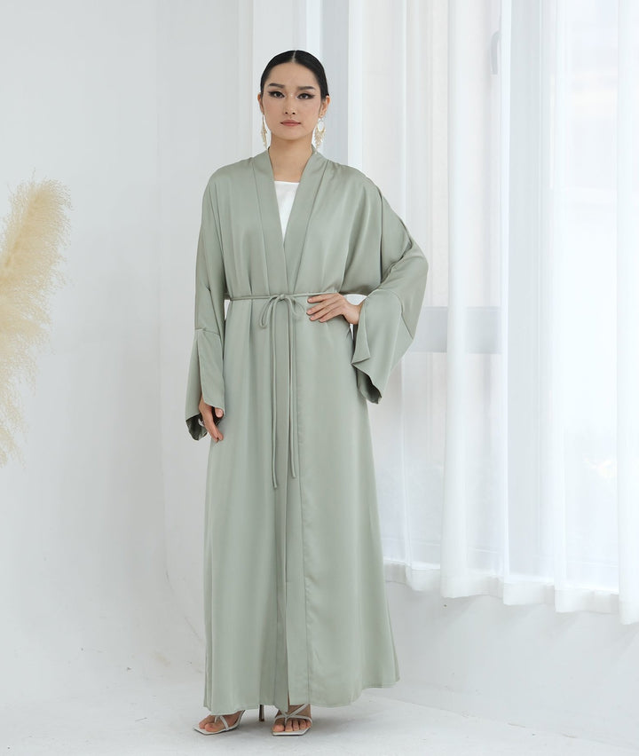 Get trendy with Lavinia Satin Open Abaya - Sage - Cardigan available at Voilee NY. Grab yours for $62.90 today!