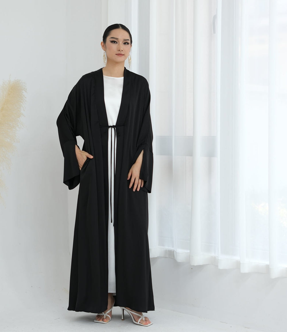 Get trendy with Lavinia Satin Open Abaya - Black - Cardigan available at Voilee NY. Grab yours for $62.90 today!