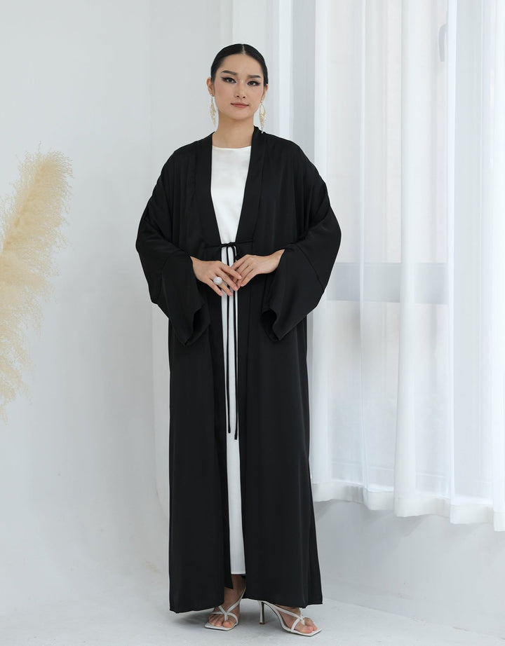 Get trendy with Lavinia Satin Open Abaya - Black - Cardigan available at Voilee NY. Grab yours for $62.90 today!