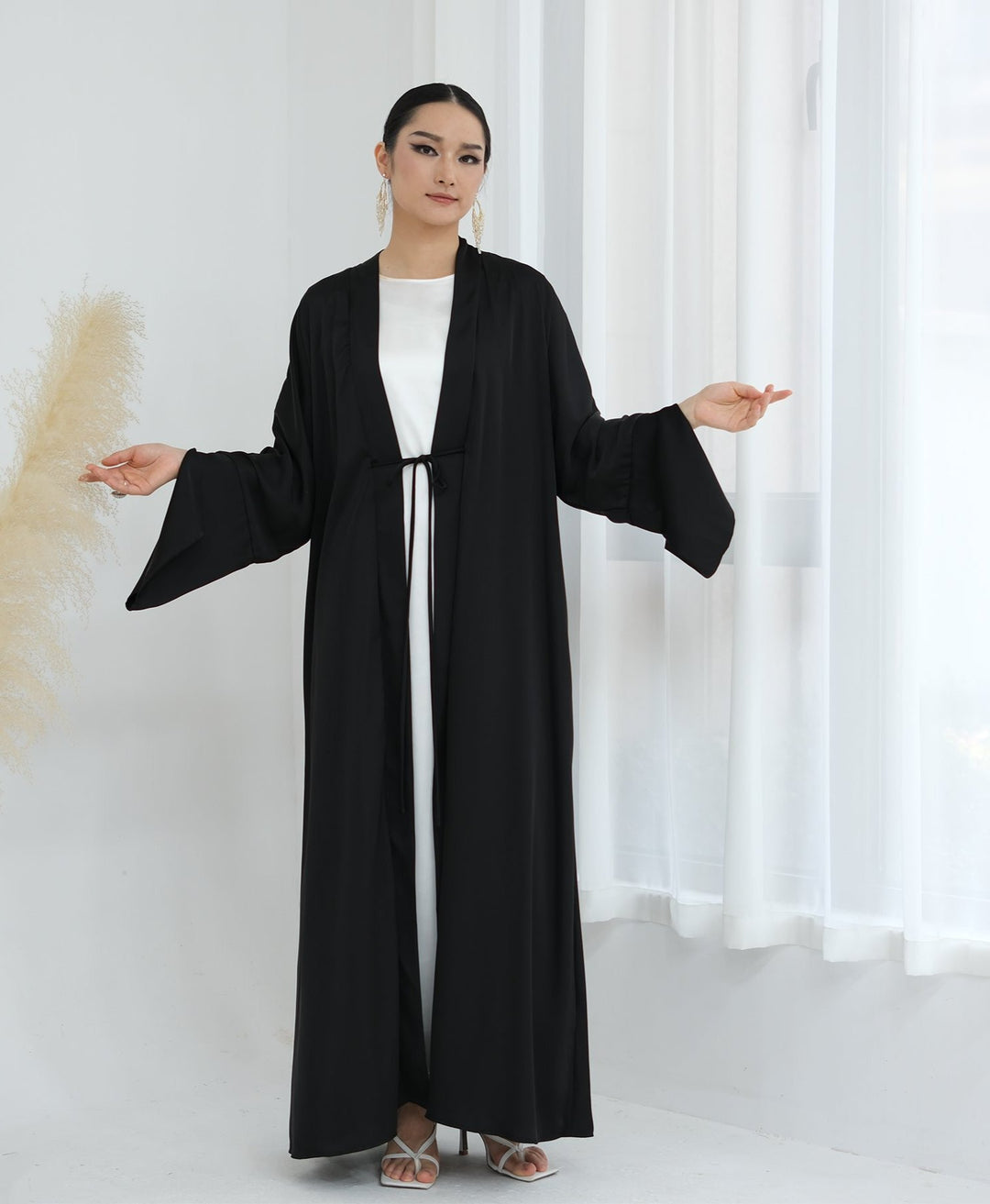 Get trendy with Lavinia Satin Open Abaya - Black - Cardigan available at Voilee NY. Grab yours for $62.90 today!