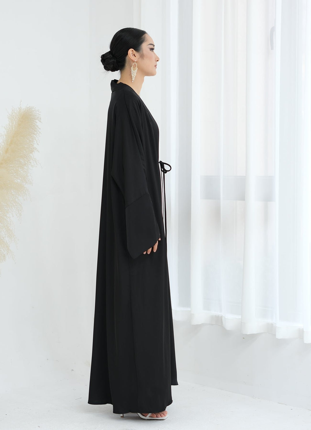 Get trendy with Lavinia Satin Open Abaya - Black - Cardigan available at Voilee NY. Grab yours for $62.90 today!