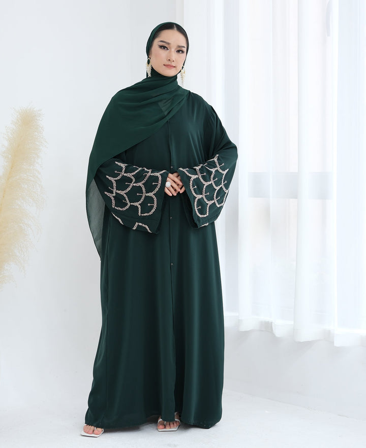 Get trendy with Irssane Nida Open Abaya Kimono - Emerald - Cardigan available at Voilee NY. Grab yours for $67.90 today!