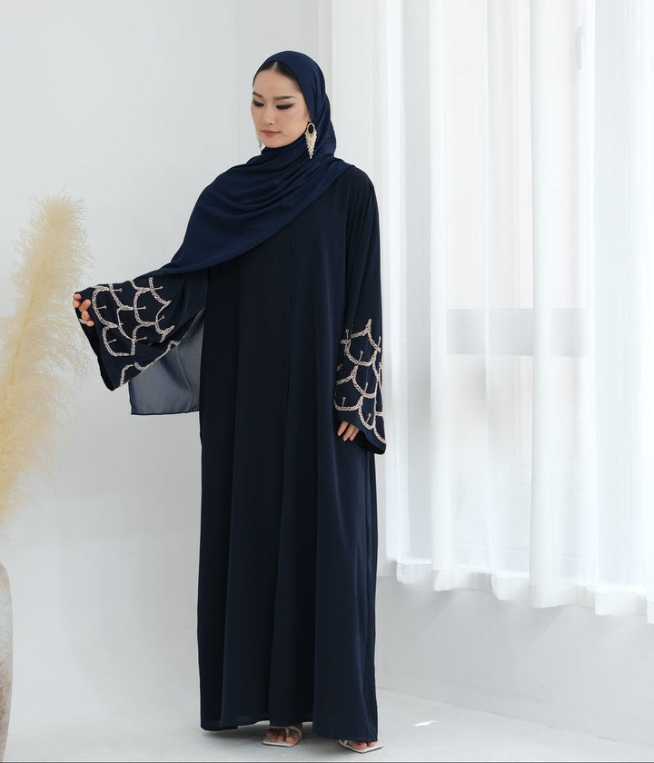 Get trendy with Irssane Nida Open Abaya Kimono - Navy - Cardigan available at Voilee NY. Grab yours for $67.90 today!