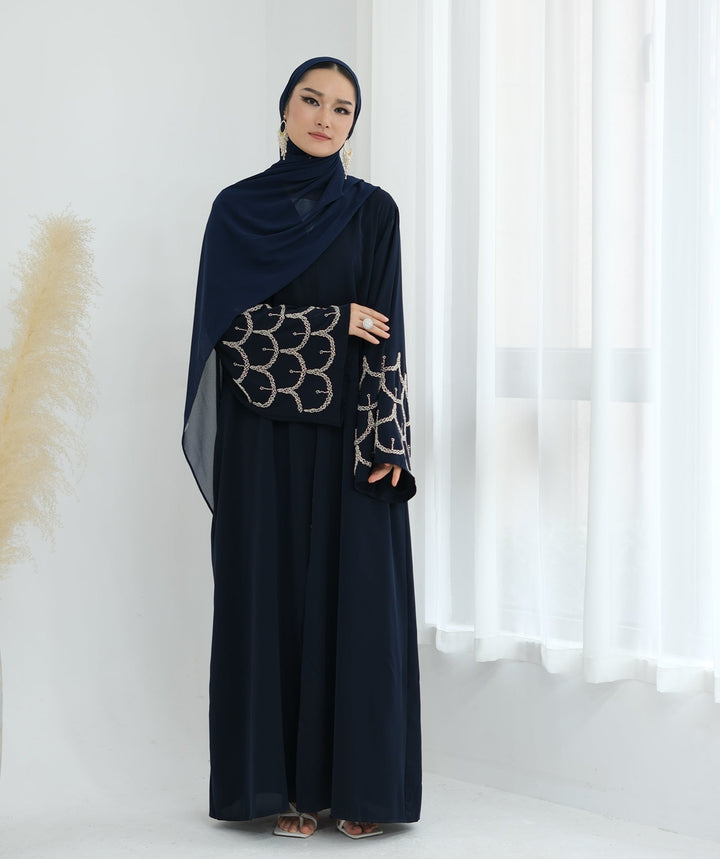 Get trendy with Irssane Nida Open Abaya Kimono - Navy - Cardigan available at Voilee NY. Grab yours for $67.90 today!