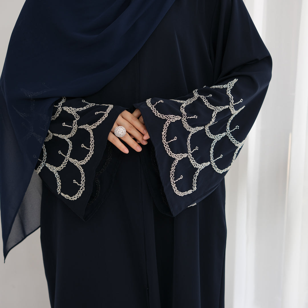 Get trendy with Irssane Nida Open Abaya Kimono - Navy - Cardigan available at Voilee NY. Grab yours for $67.90 today!