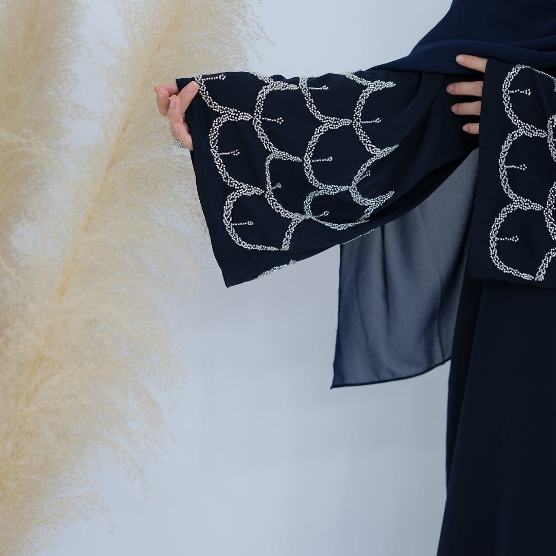 Get trendy with Irssane Nida Open Abaya Kimono - Navy - Cardigan available at Voilee NY. Grab yours for $67.90 today!