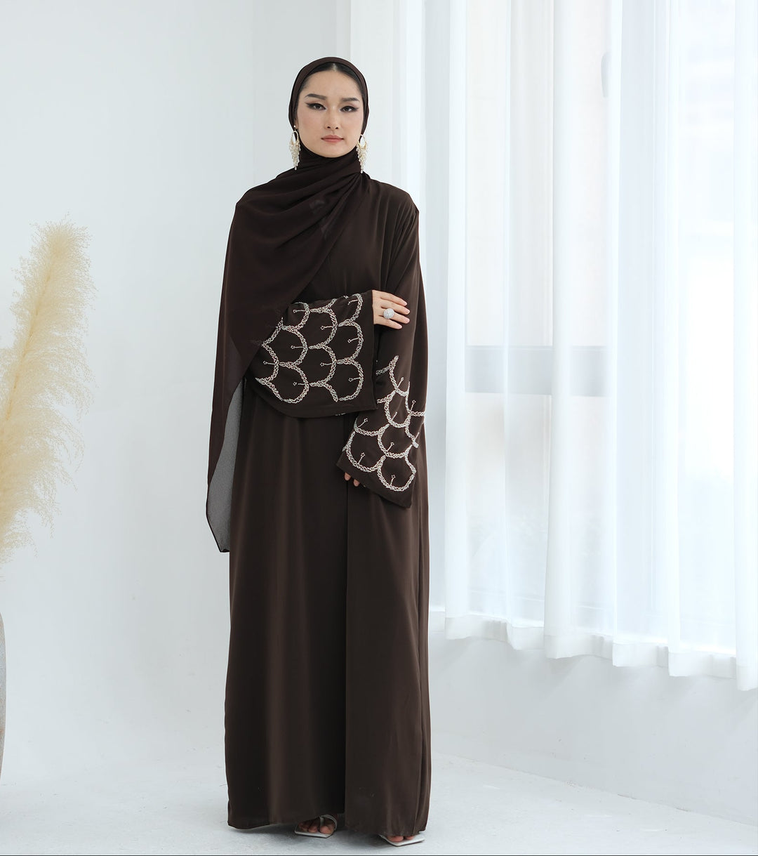 Get trendy with Irssane Nida Open Abaya Kimono - Brown - Cardigan available at Voilee NY. Grab yours for $67.90 today!