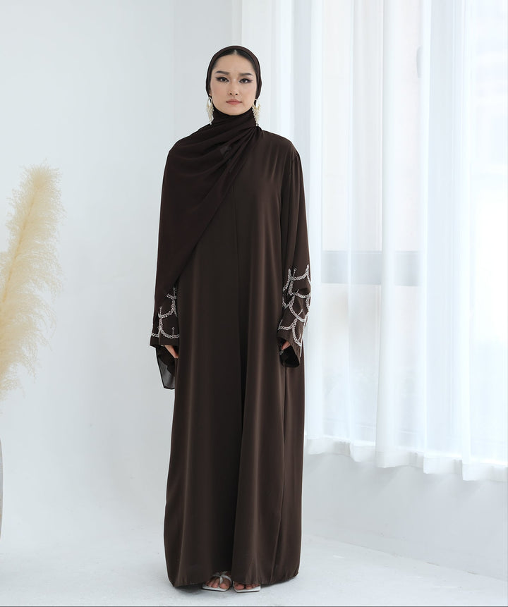 Get trendy with Irssane Nida Open Abaya Kimono - Brown - Cardigan available at Voilee NY. Grab yours for $67.90 today!