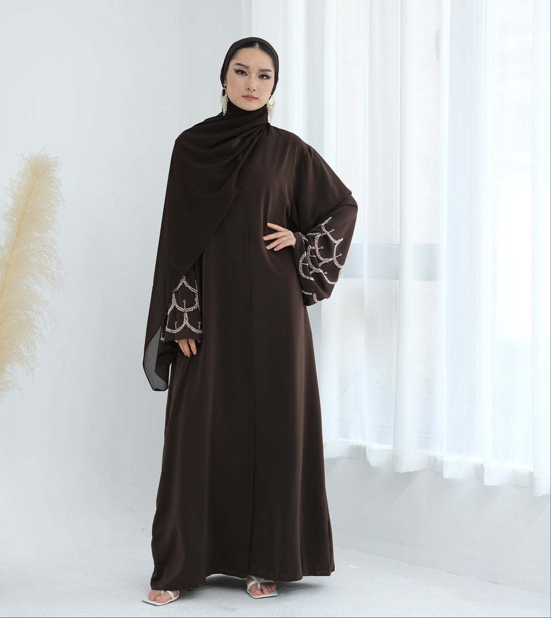 Get trendy with Irssane Nida Open Abaya Kimono - Brown - Cardigan available at Voilee NY. Grab yours for $67.90 today!