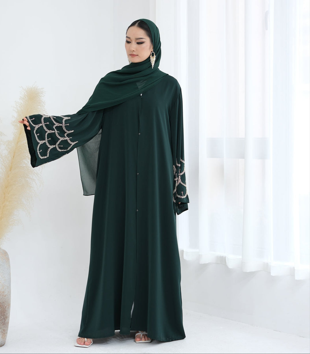 Get trendy with Irssane Nida Open Abaya Kimono - Emerald - Cardigan available at Voilee NY. Grab yours for $67.90 today!