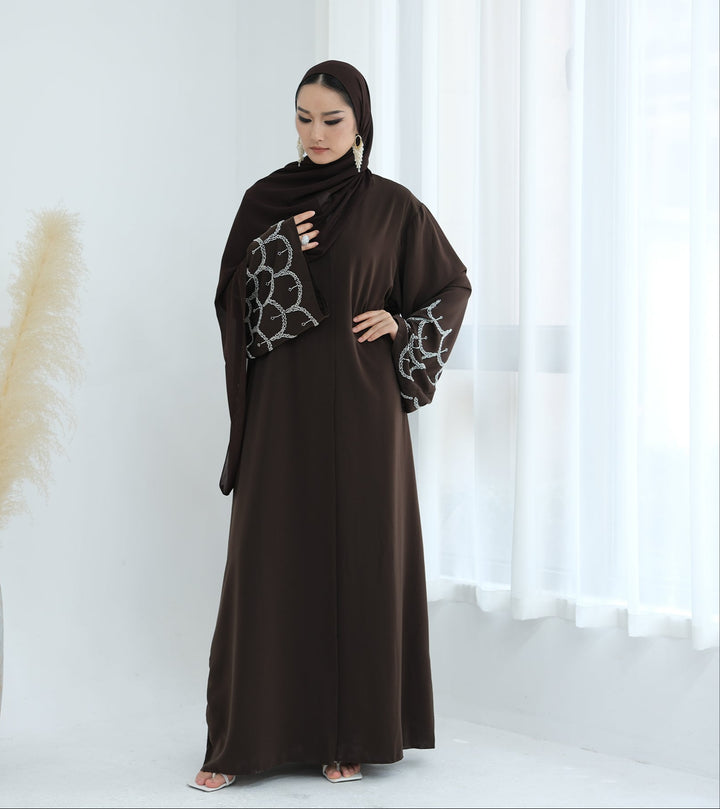 Get trendy with Irssane Nida Open Abaya Kimono - Brown - Cardigan available at Voilee NY. Grab yours for $67.90 today!