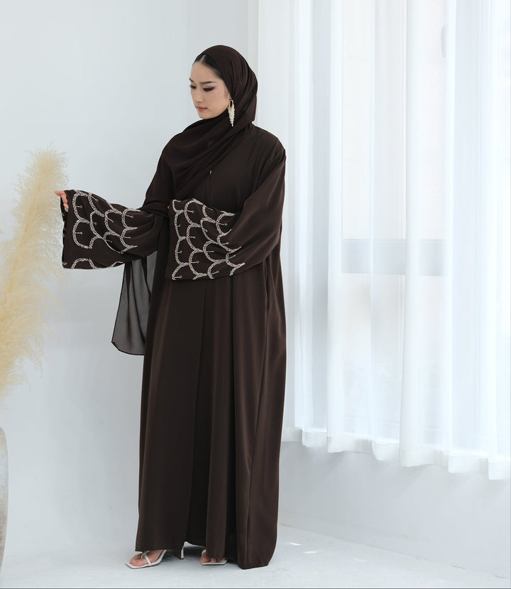 Get trendy with Irssane Nida Open Abaya Kimono - Brown - Cardigan available at Voilee NY. Grab yours for $67.90 today!