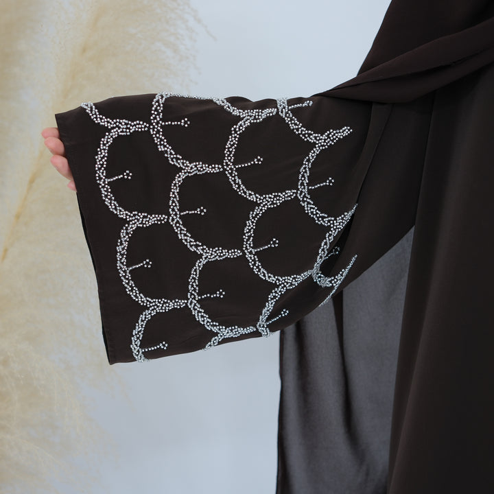 Get trendy with Irssane Nida Open Abaya Kimono - Brown - Cardigan available at Voilee NY. Grab yours for $67.90 today!