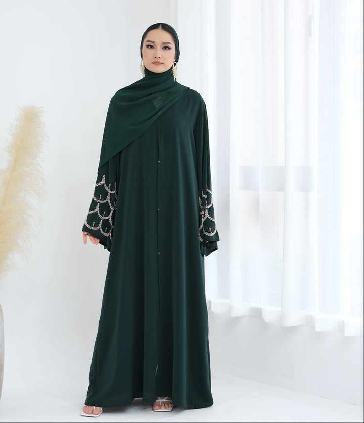 Get trendy with Irssane Nida Open Abaya Kimono - Emerald - Cardigan available at Voilee NY. Grab yours for $67.90 today!