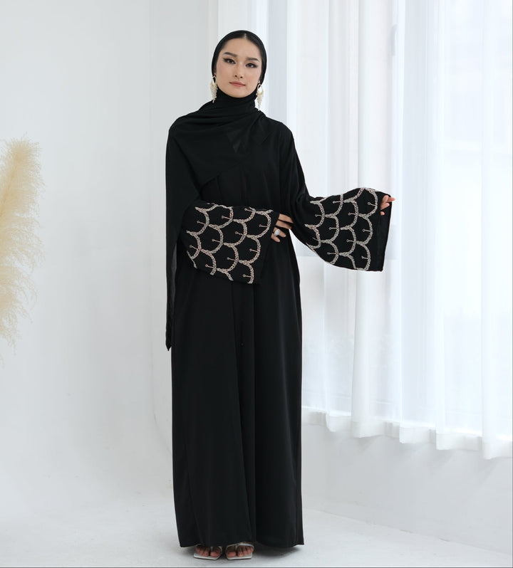 Get trendy with Irssane Nida Open Abaya Kimono - Black - Cardigan available at Voilee NY. Grab yours for $67.90 today!