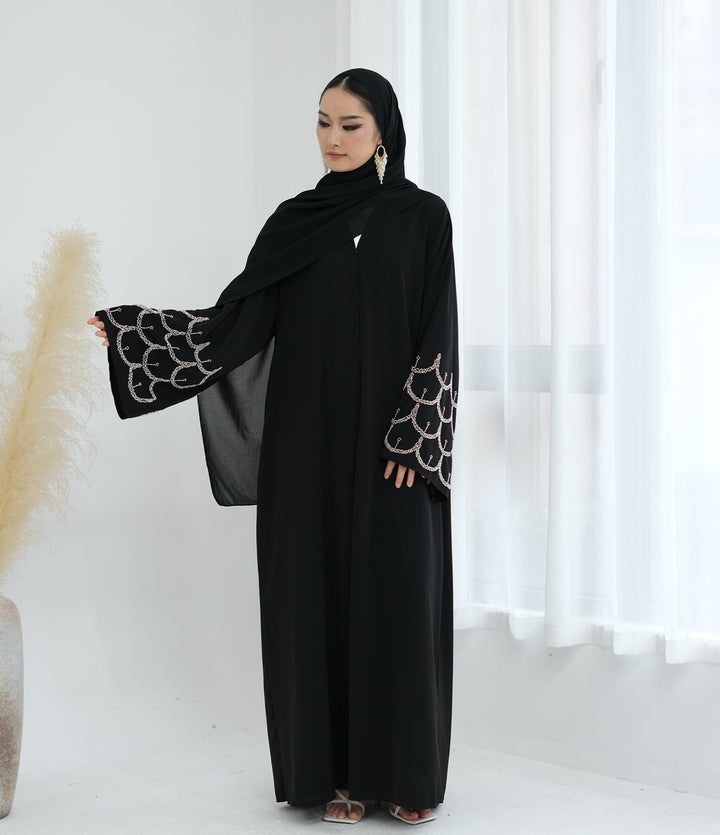 Get trendy with Irssane Nida Open Abaya Kimono - Black - Cardigan available at Voilee NY. Grab yours for $67.90 today!