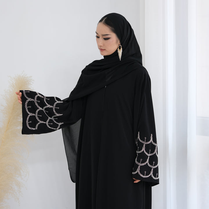 Get trendy with Irssane Nida Open Abaya Kimono - Black - Cardigan available at Voilee NY. Grab yours for $67.90 today!