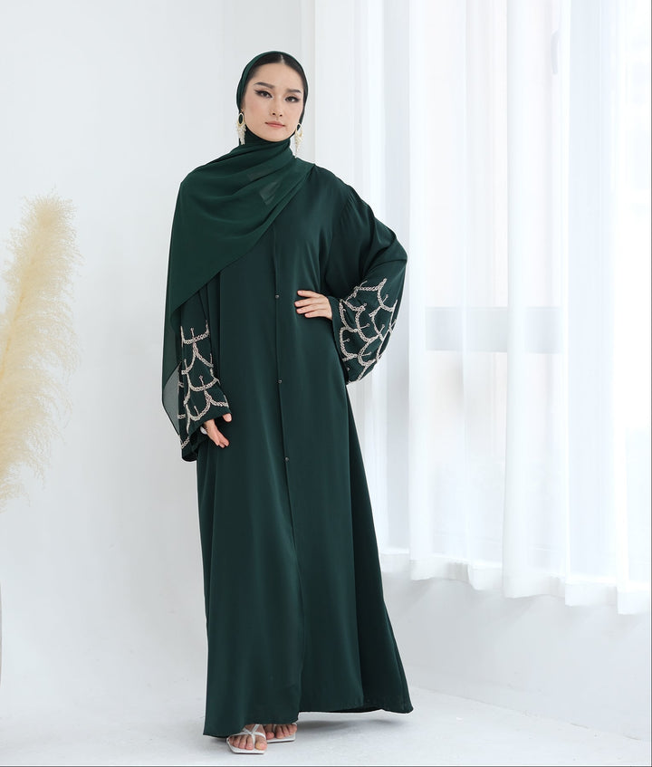 Get trendy with Irssane Nida Open Abaya Kimono - Emerald - Cardigan available at Voilee NY. Grab yours for $67.90 today!