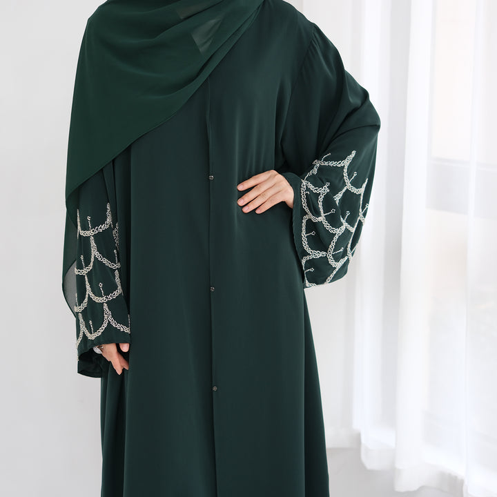 Get trendy with Irssane Nida Open Abaya Kimono - Emerald - Cardigan available at Voilee NY. Grab yours for $67.90 today!