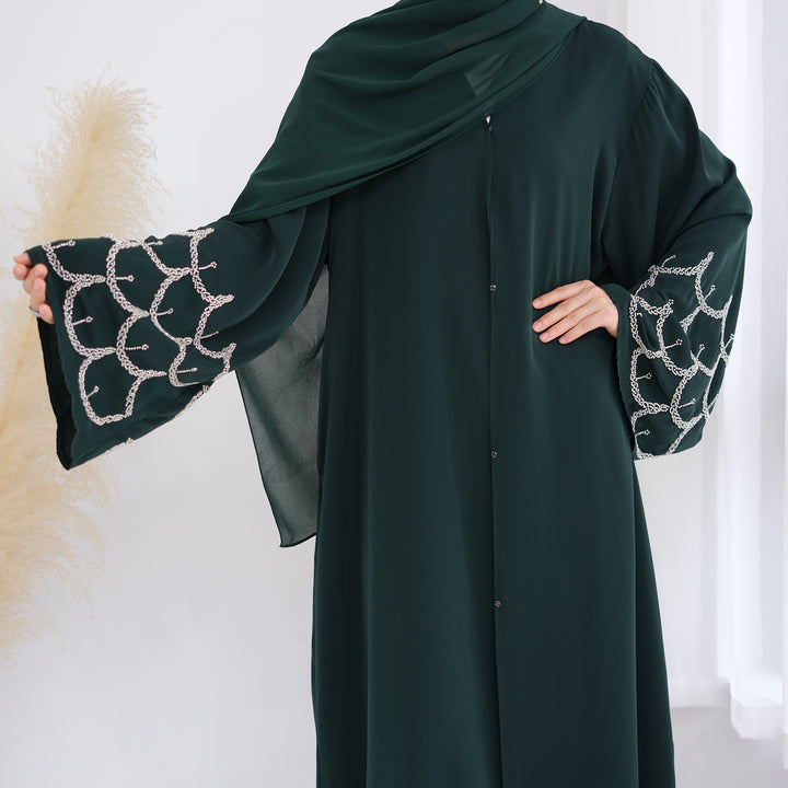 Get trendy with Irssane Nida Open Abaya Kimono - Emerald - Cardigan available at Voilee NY. Grab yours for $67.90 today!