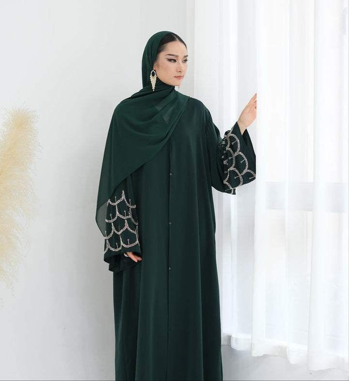 Get trendy with Irssane Nida Open Abaya Kimono - Emerald - Cardigan available at Voilee NY. Grab yours for $67.90 today!