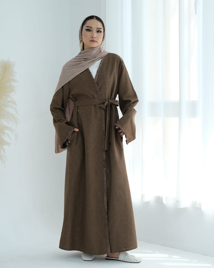 Get trendy with Yara Fringe Belted Duster - Brown - Cardigan available at Voilee NY. Grab yours for $59.90 today!