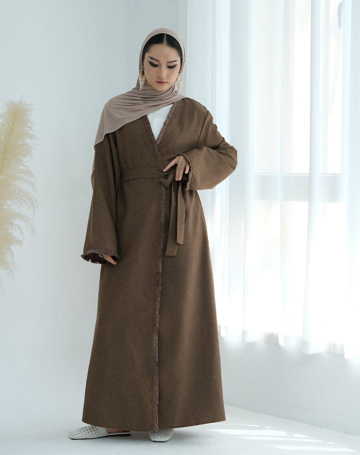 Get trendy with Yara Fringe Belted Duster - Brown - Cardigan available at Voilee NY. Grab yours for $59.90 today!