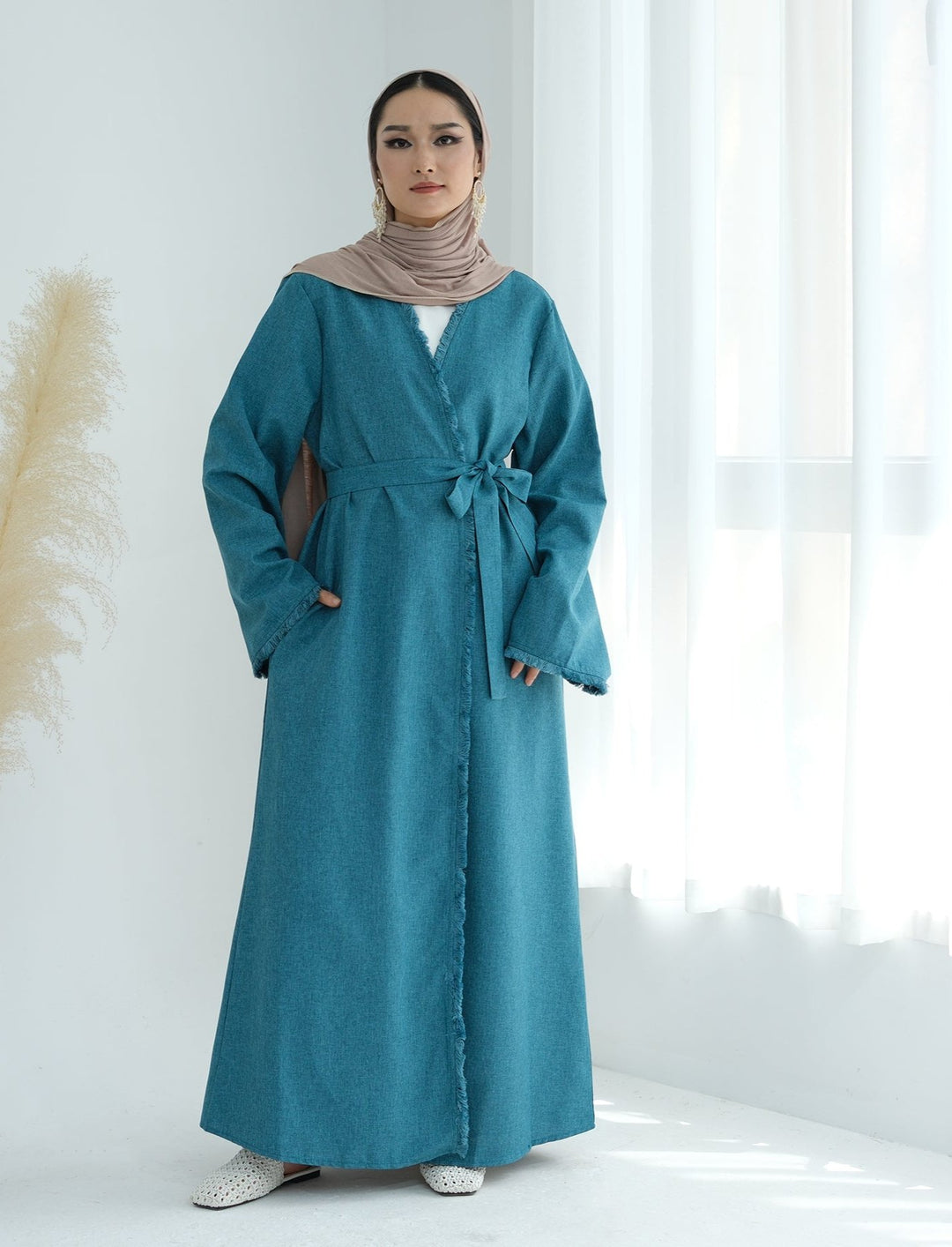 Get trendy with Yara Fringe Belted Duster - Duck Blue - Cardigan available at Voilee NY. Grab yours for $59.90 today!