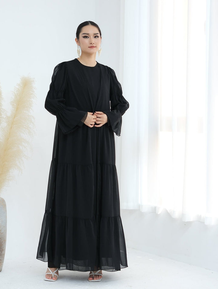 Get trendy with Sasha Chiffon 4-piece Abaya Set - Black -  available at Voilee NY. Grab yours for $99.90 today!