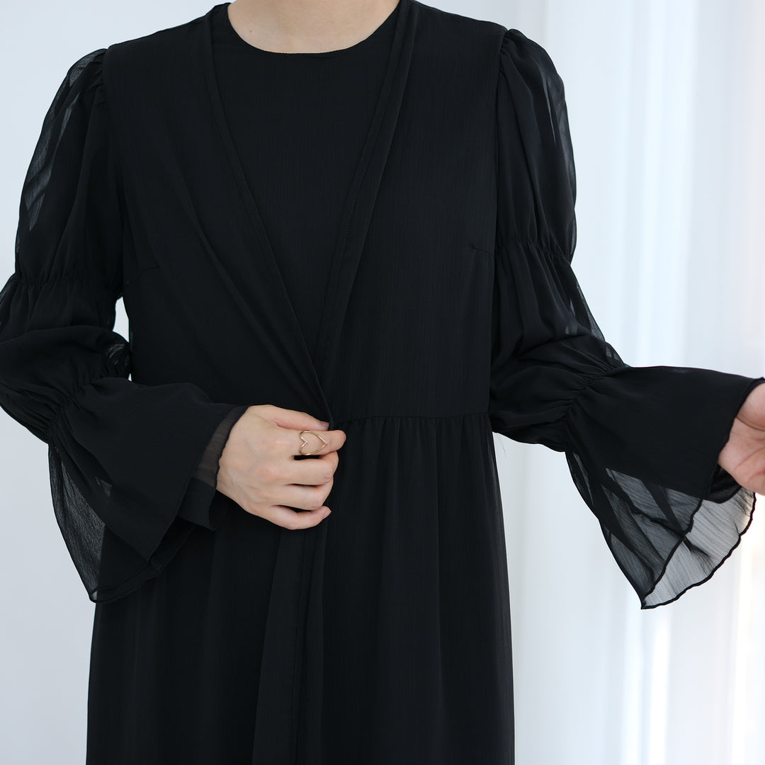 Get trendy with Sasha Chiffon 4-piece Abaya Set - Black -  available at Voilee NY. Grab yours for $99.90 today!