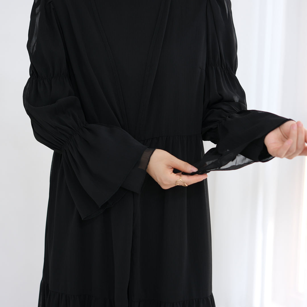 Get trendy with Sasha Chiffon 4-piece Abaya Set - Black -  available at Voilee NY. Grab yours for $99.90 today!