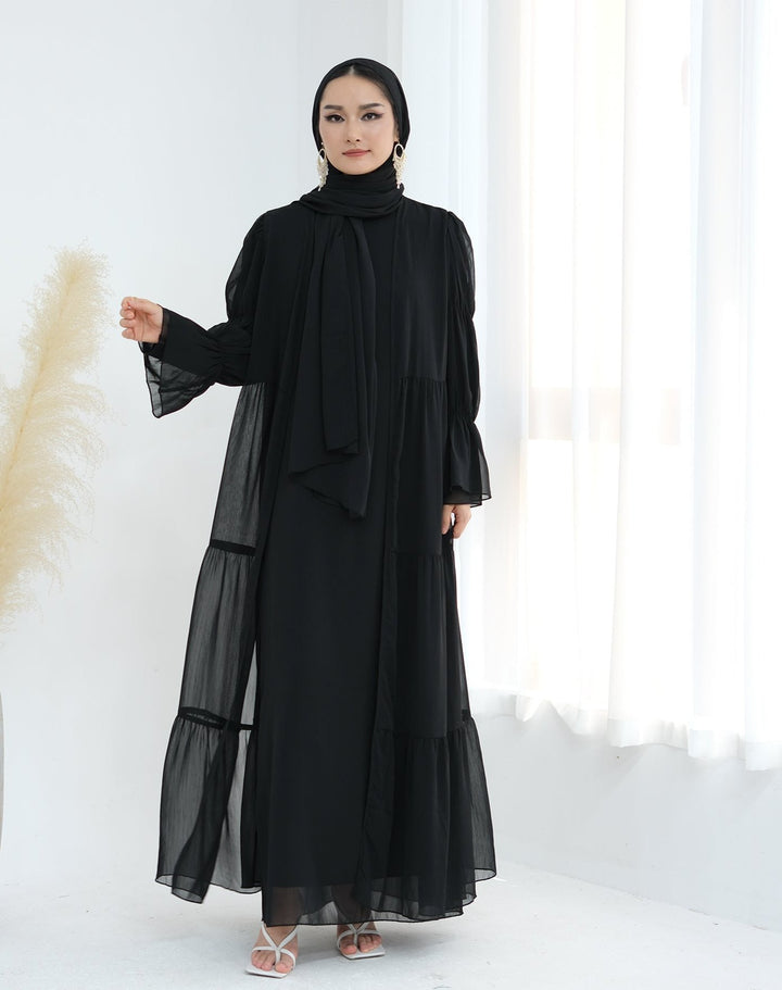 Get trendy with Sasha Chiffon 4-piece Abaya Set - Black -  available at Voilee NY. Grab yours for $99.90 today!