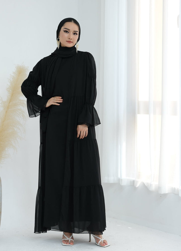 Get trendy with Sasha Chiffon 4-piece Abaya Set - Black -  available at Voilee NY. Grab yours for $99.90 today!