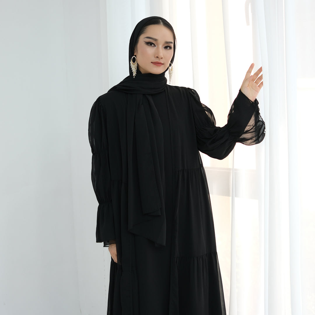 Get trendy with Sasha Chiffon 4-piece Abaya Set - Black -  available at Voilee NY. Grab yours for $99.90 today!